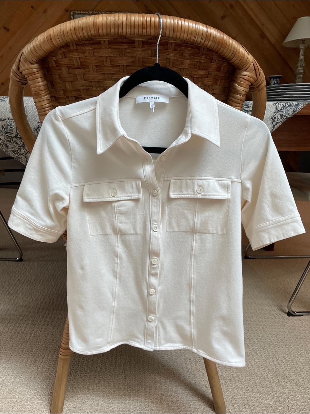 Frame Denim Cream Short Sleeve Button-Front Pocket Shirt